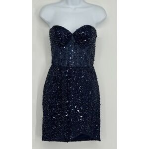 Navy Blue Sequin Mini Dress 4 Prom Party Glam Sheer Corset Sexy Y2k